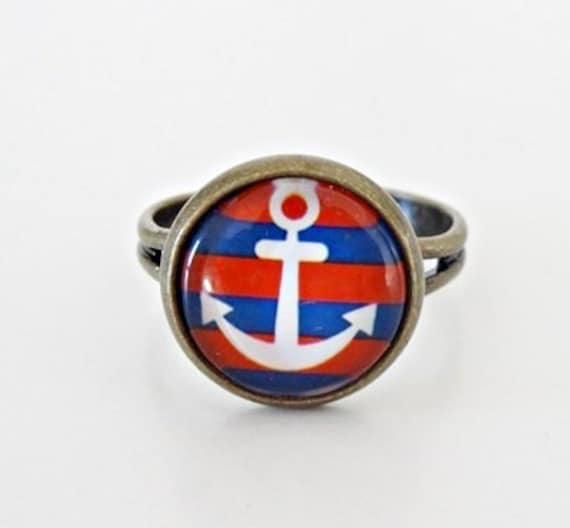 Ring "Anker_Rot Blau" Glasring Cabochon Bronze von StoffAtelierDesign