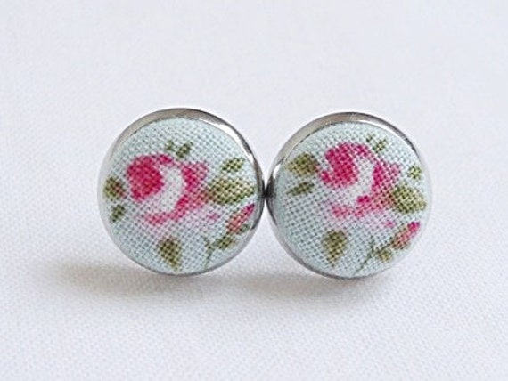 Silber Ohrstecker Mit Stoffknopf Rosen Mint von StoffAtelierDesign