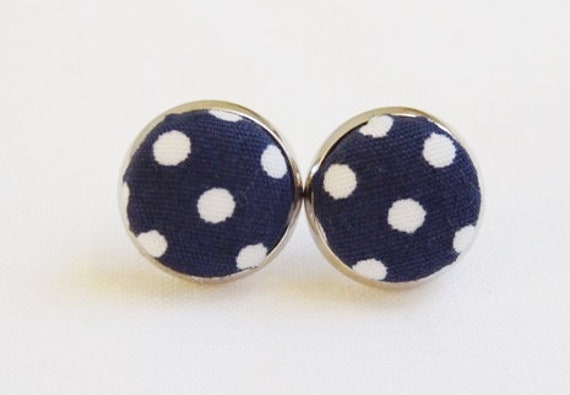Silber Ohrstecker Stoffknopf Punkte Blau von StoffAtelierDesign