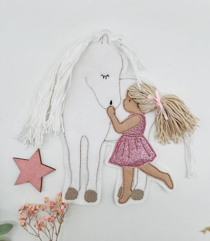 Große Pferd Mit Mädchen-Applikation Weiß von StoffFoermchen