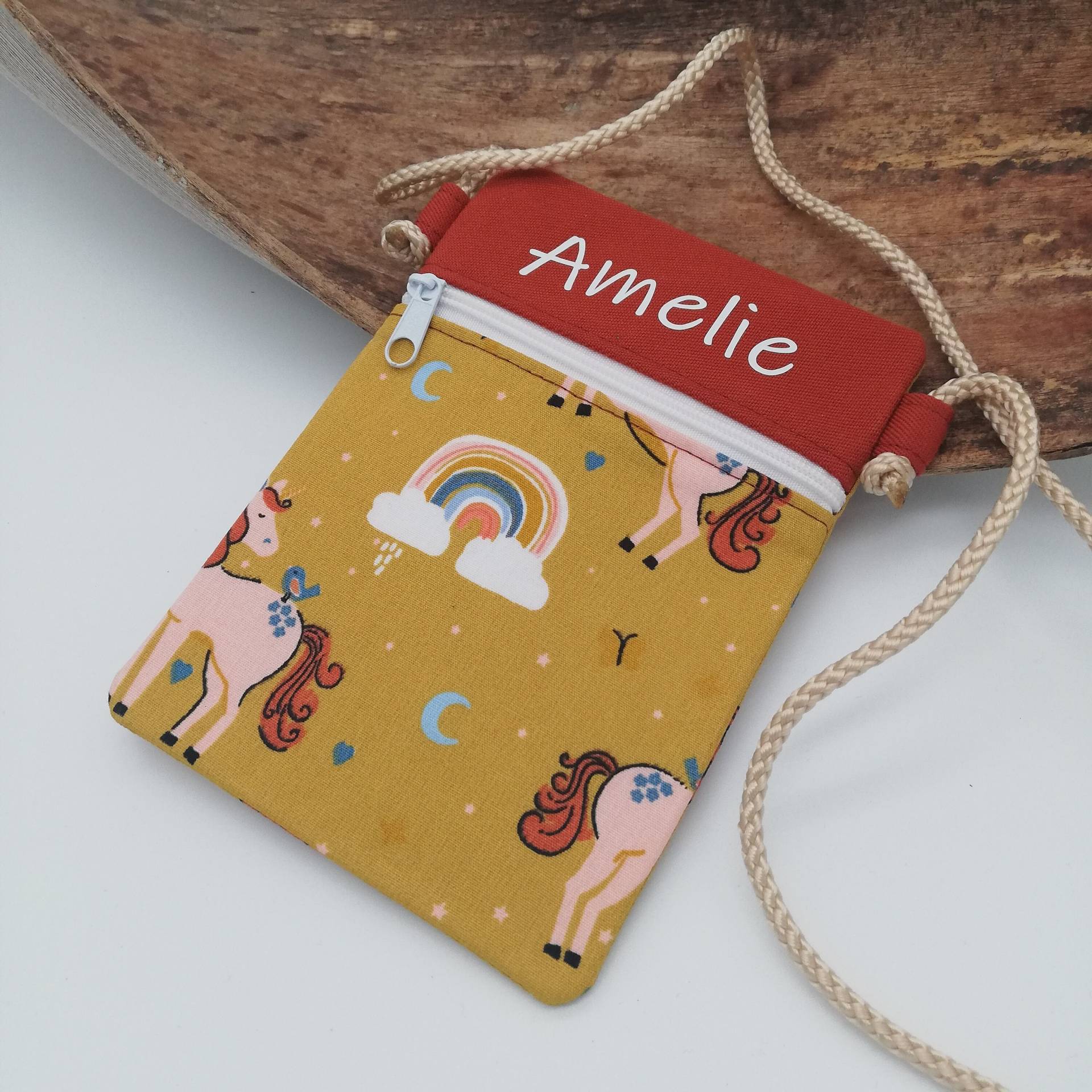 Kinder Brustbeutel Einhorn Regenbogen Curry Rost von Stoffice