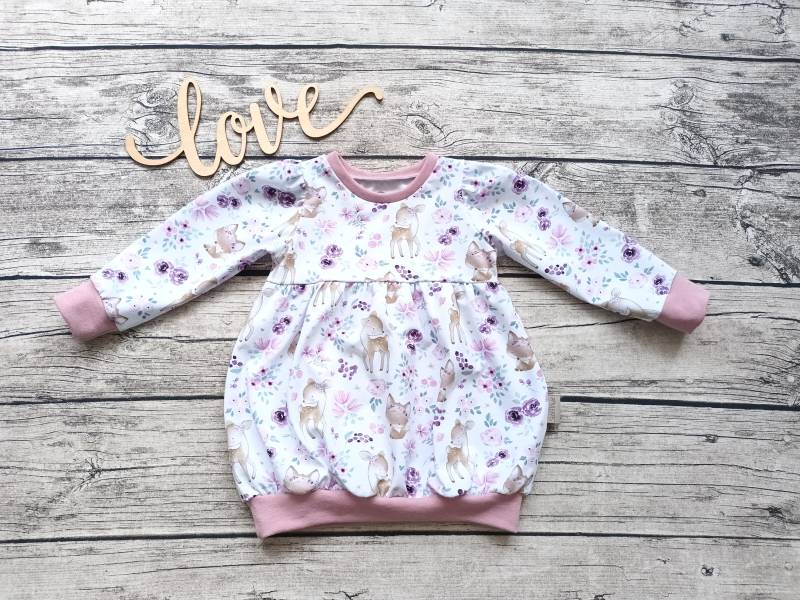 Ballonkleid Mit Raffung - Babykleid Für Mädchen Fuchs & Reh Florales Muster von Stoffloewe