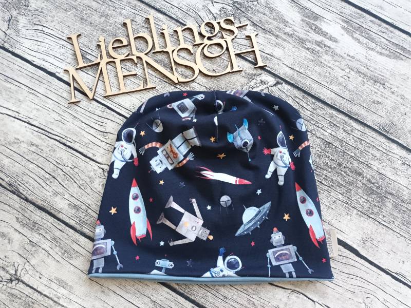 Beanie Astronaut & Weltraum Mit Oder Ohne Loop - Innenstoff Fleece Jersey Mütze Für Mädchen Und Jungs Dunkelblau Ufo von Stoffloewe