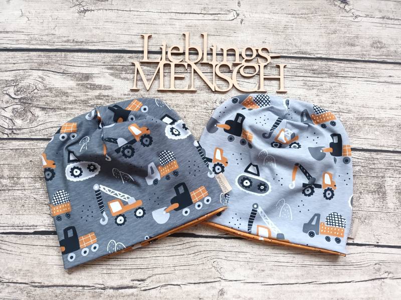 Beanie Baustellenfahrzeuge Jersey Mit Oder Ohne Loop - Innenfutter Fleece Mütze Für Jungs & Mädchen Hellgrau/Dunkelgrau von Stoffloewe