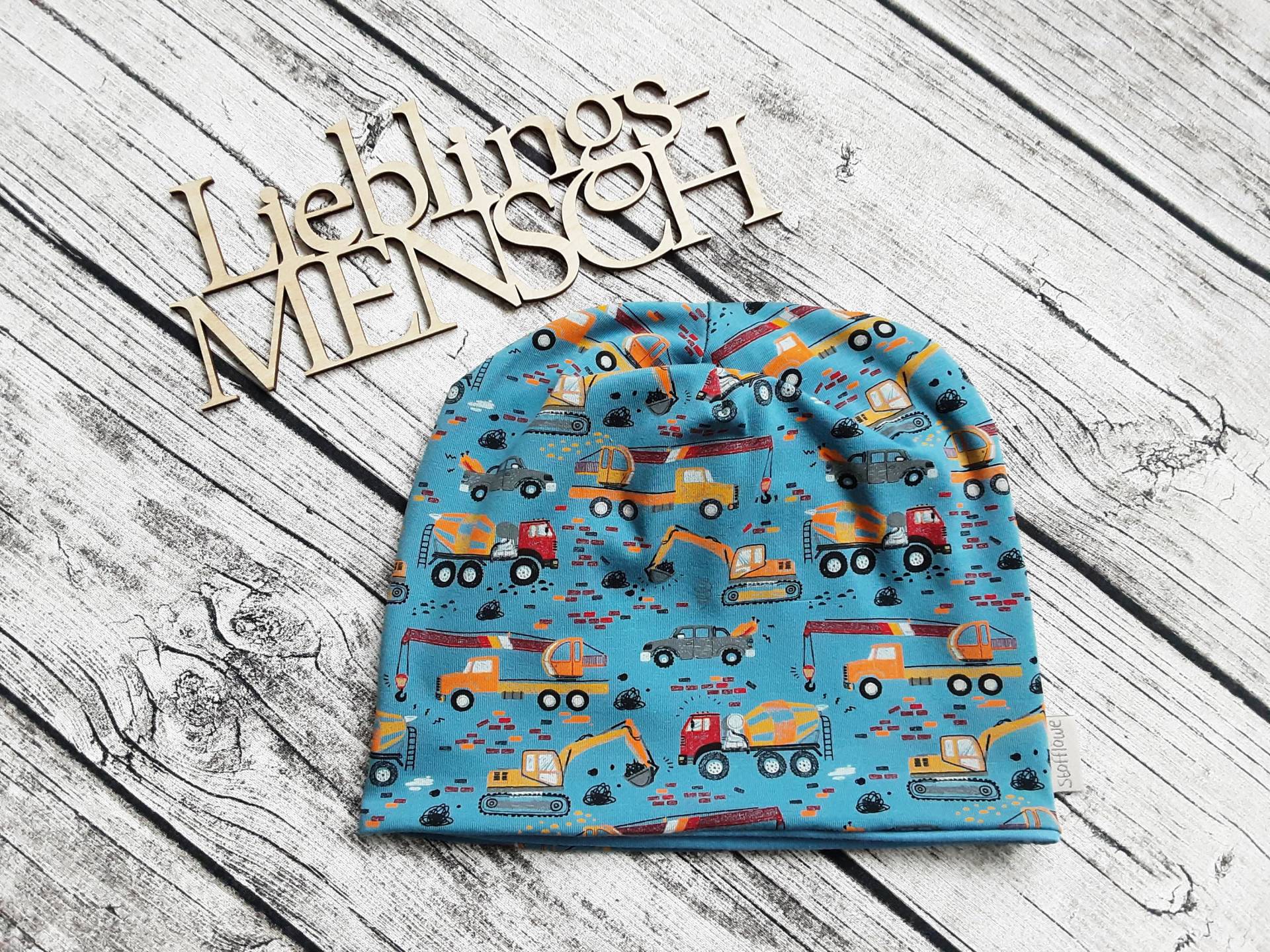 Beanie Baustellenfahrzeuge Mit Oder Ohne Loop - Jersey Fleece Gefüttert Mütze Für Mädchen & Jungs Bagger, Lastwagen, Kran von Stoffloewe