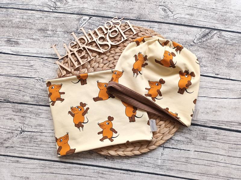Beanie Die Sendung Mit Der Maus Oder Ohne Loop - Mütze Für Mädchen Und Jungs Hellbeige/Orange/Braun von Stoffloewe