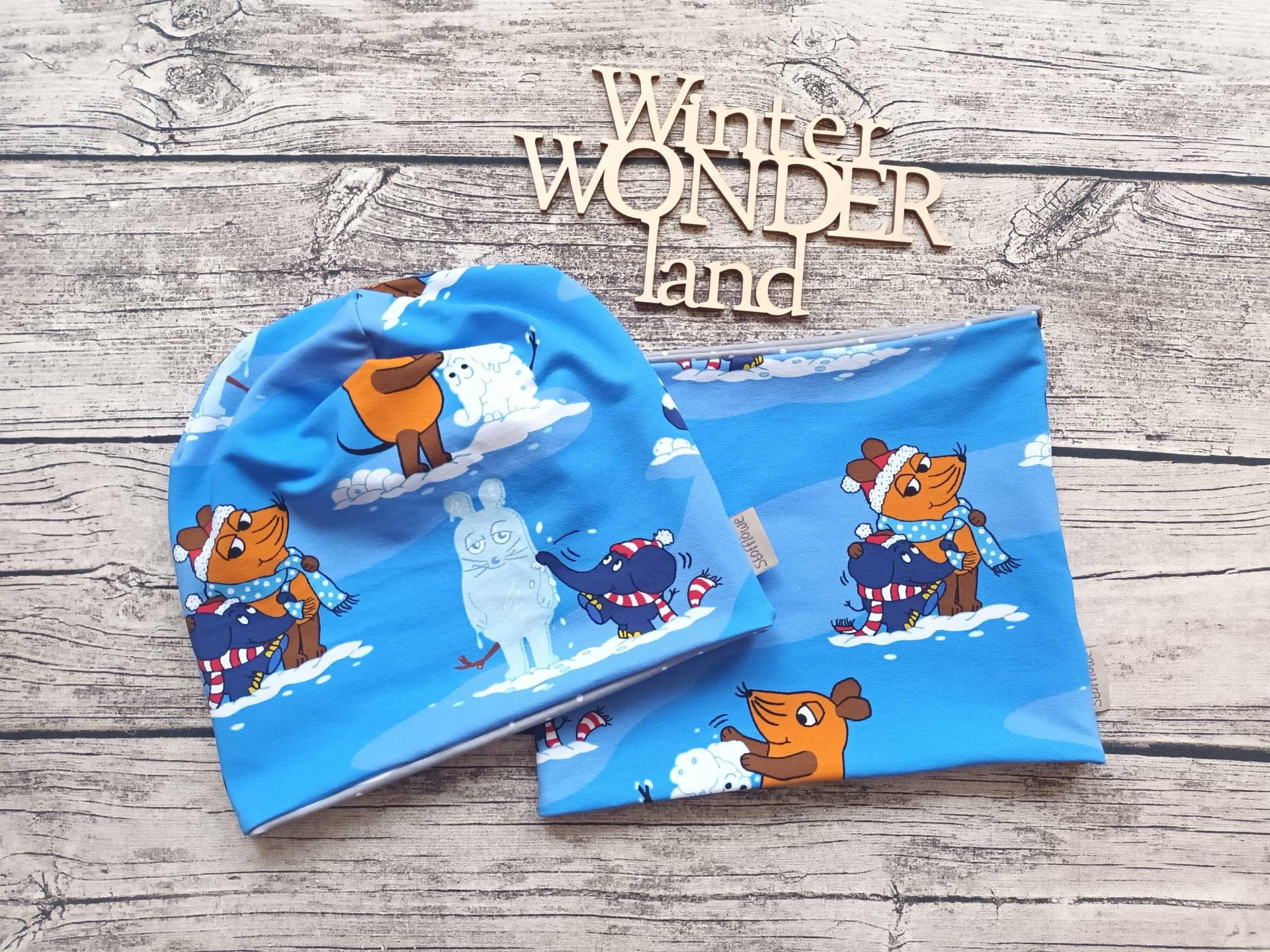 Beanie Die Sendung Mit Der Maus Und Elefant Winterzeit - Oder Ohne Loopschal Innen Fleece Jersey Mütze Mädchen & Jungs von Stoffloewe
