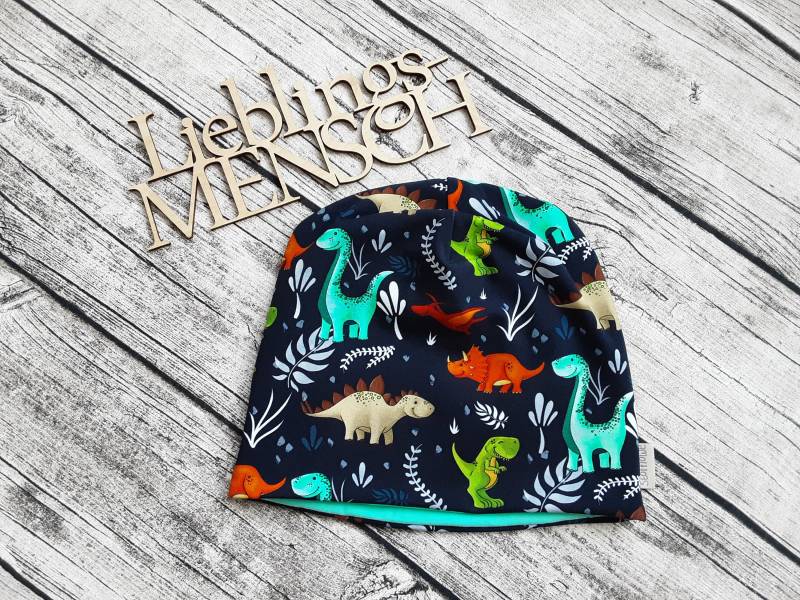 Beanie Dinosaurier Mit Oder Ohne Loop/Halssocke - Mütze Für Mädchen Und Jungs Dinos Dunkelblau von Stoffloewe