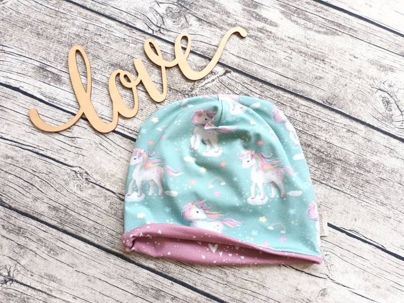 Beanie Einhorn Mit Oder Ohne Loop - Innenfutter Jersey Fleece Mütze Für Mädchen Pferd Mint/Rosa von Stoffloewe