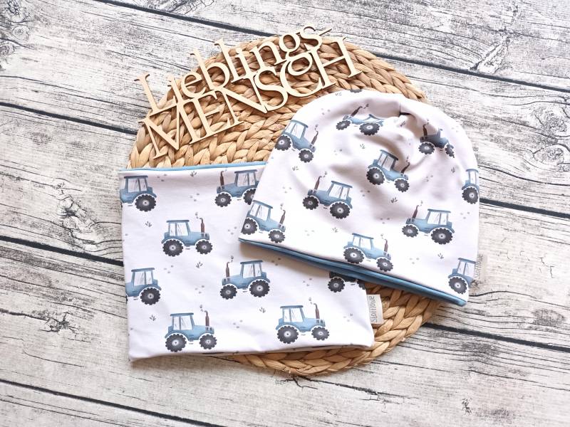 Beanie Kleiner Traktor Mit Oder Ohne Loop - Jersey Fleece Gefüttert Mütze Für Mädchen Und Jungs von Stoffloewe