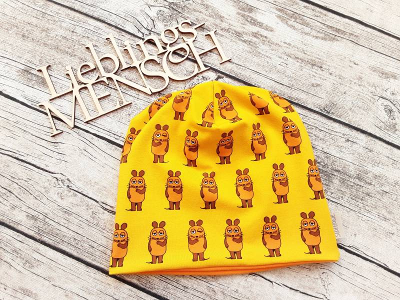 Beanie Die Sendung Mit Der Maus Oder Ohne Loop - Mütze Für Mädchen Und Jungs Sonnengelb/Mausorange von Stoffloewe