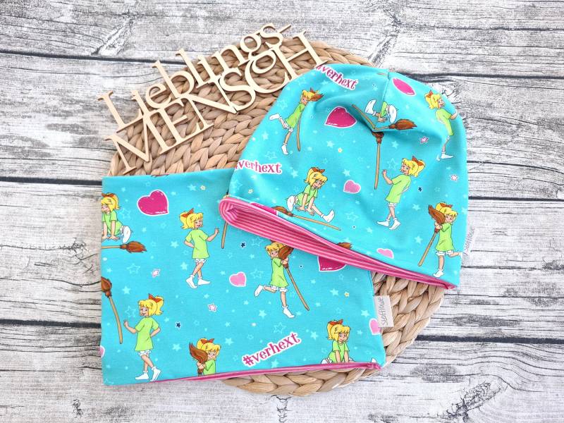 Beanie Bibi Blocksberg Mit Oder Ohne Loop - 2 Verschiedene Innenstoffe Zur Auswahl Mütze Für Mädchen Und Jungs Mint/Rosa von Stoffloewe