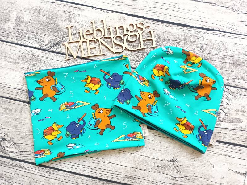 Beanie Mit Oder Ohne Loop Die Sendung Der Maus Schule/Einschulung - Mütze Für Mädchen Und Jungs Petrol/Bunt von Stoffloewe