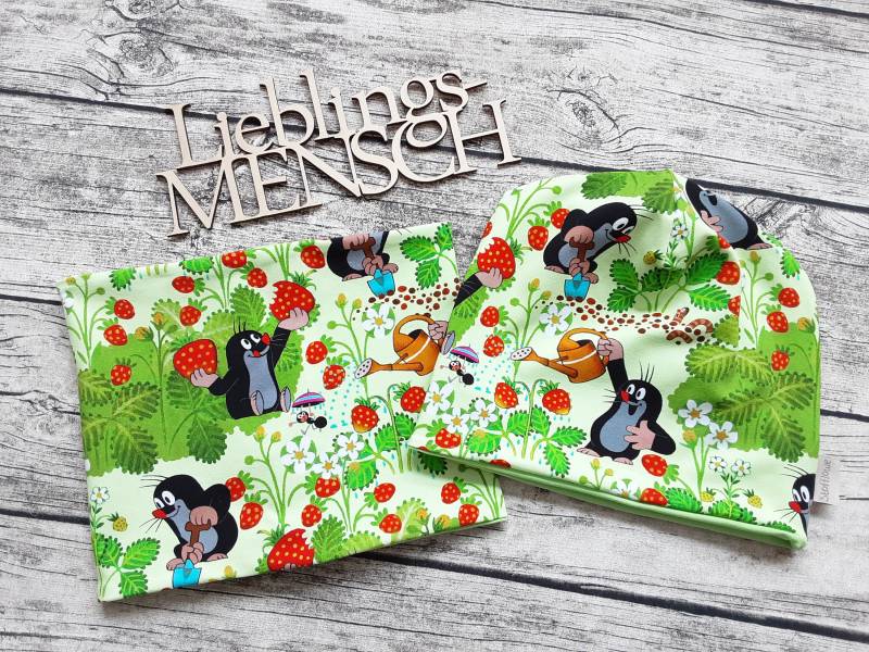 Beanie Mit Oder Ohne Loop Pauli Der Kleine Maulwurf Im Erdbeerfeld - Mütze Für Mädchen Und Jungs Limettengrün von Stoffloewe