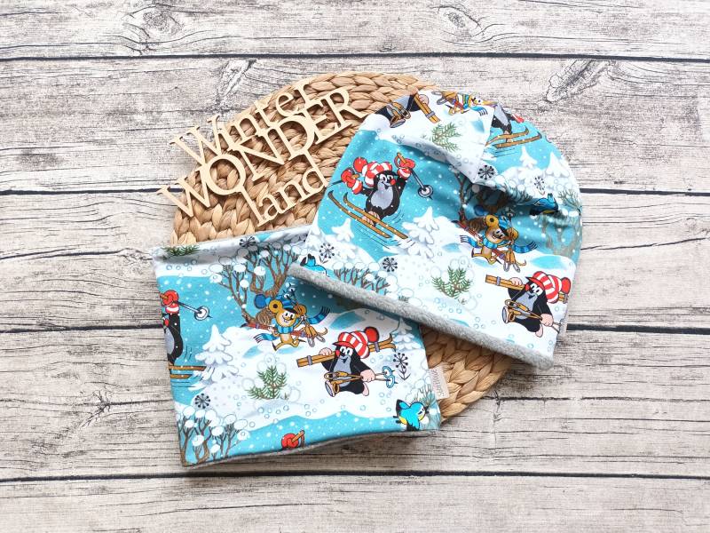 Beanie Pauli Der Kleine Maulwurf Auf Piste Mit Oder Ohne Loop Gefüttert Fleece - Mütze Für Mädchen Und Jungs Blau von Stoffloewe