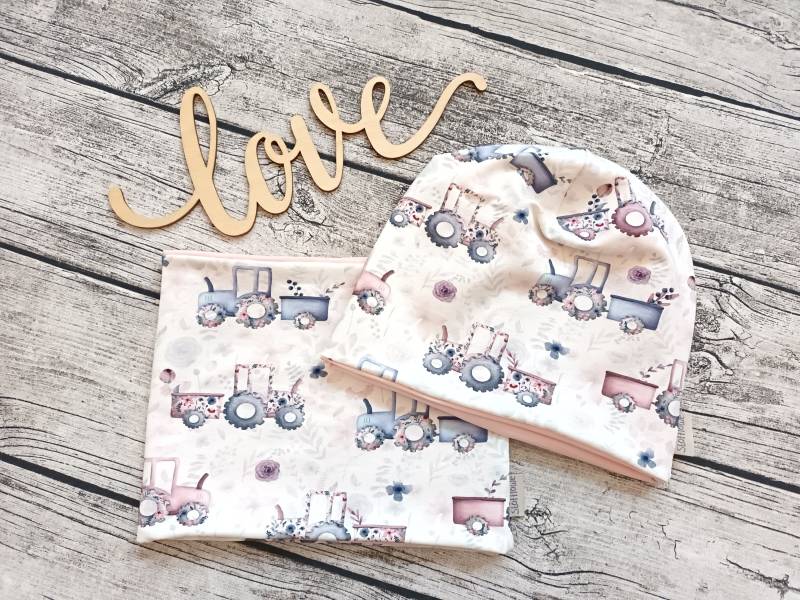 Beanie Traktor Mit Oder Ohne Loop - Innenstoff Jersey Fleece Mütze Für Mädchen Blümchen Rosa/Lilablau von Stoffloewe