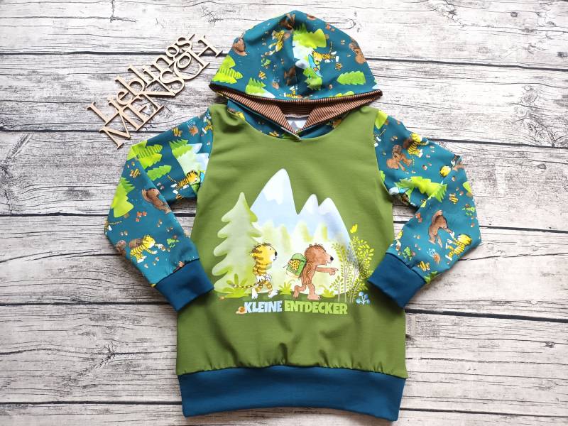 Hoodie Janosch Tiger & Bär "Kleiner Entdecker" - Pullover Für Mädchen Und Jungs Petrol/Grün von Stoffloewe