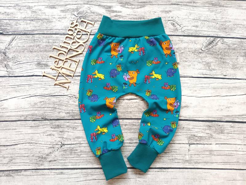 Kinderhose Die Sendung Mit Der Maus, Elefant & Ente Geschenke - Babyhose/Pumphose Für Mädchen Und Jungs Petrol von Stoffloewe
