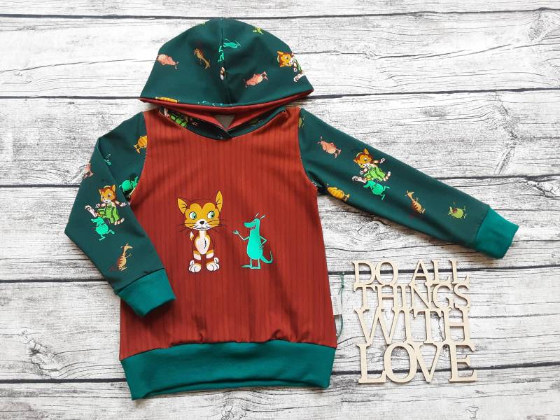 Letzter Größe 104 Kapuzenpullover Klein Findus & Die Mucklas Smaragdgrün/Rost - Pullover Für Mädchen Und Jungs von Stoffloewe