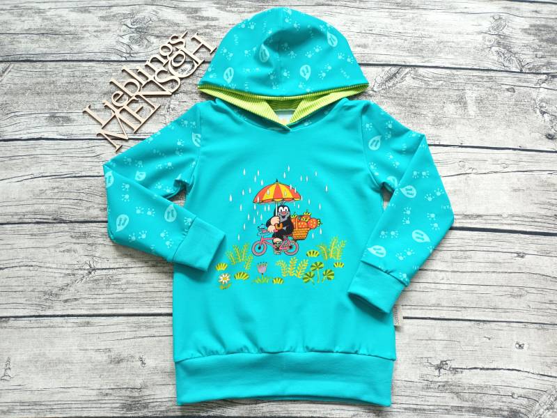Letzter Größe 110 Kapuzenpullover Pauli Der Kleine Maulwurf Regenwetter - Pullover Für Mädchen Und Jungs Erdbeere Türkis von Stoffloewe