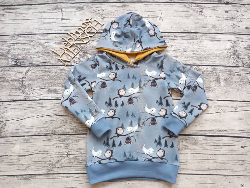 Letzter Größe 116 Kapuzenpullover Kleines Gespenst, Eule Und Fledermaus - Hoodie Für Mädchen Jungs Waldtier Blaugrau von Stoffloewe