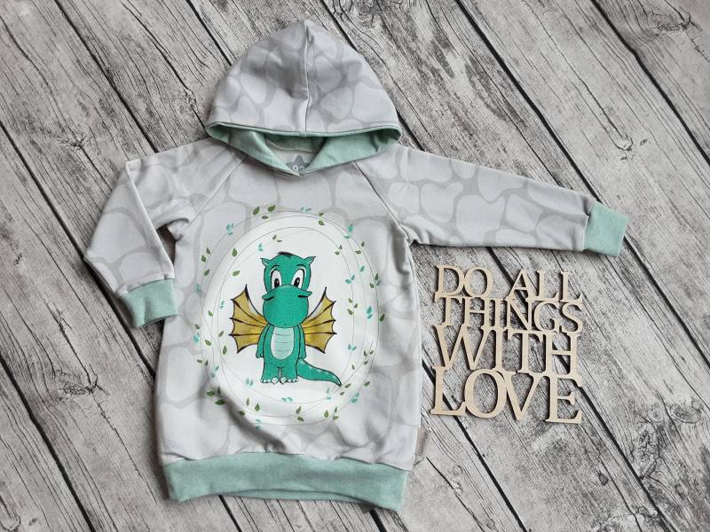 Letzter Größe 92 Kapuzenpullover Kleiner Drache - Pullover Für Mädchen Und Jungs Hellgrau/Mint von Stoffloewe