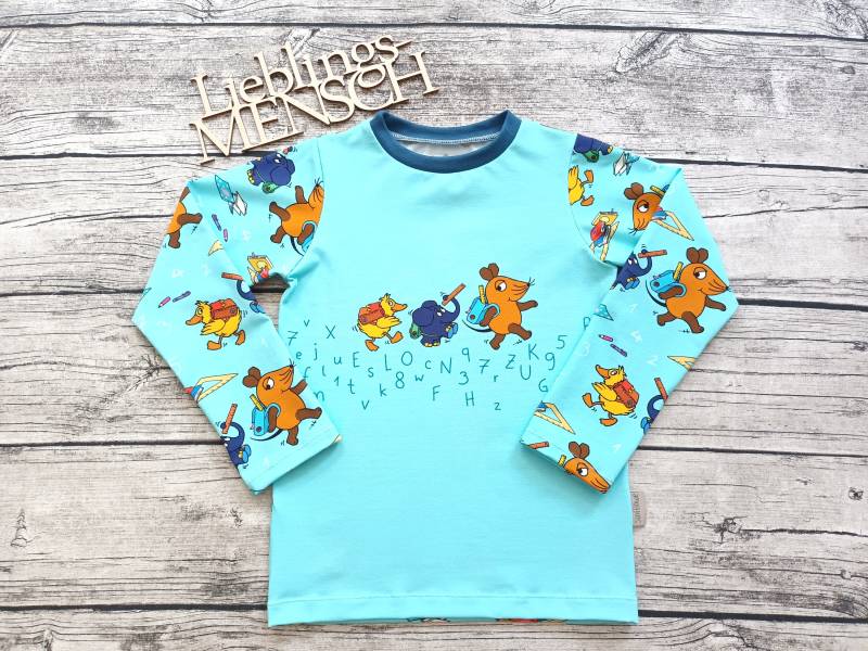 Letztes Größe 122 Langarmshirt Die Sendung Mit Der Maus, Elefant Und Ente - Pullover Für Mädchen Jungs Buchstaben Aquablau von Stoffloewe