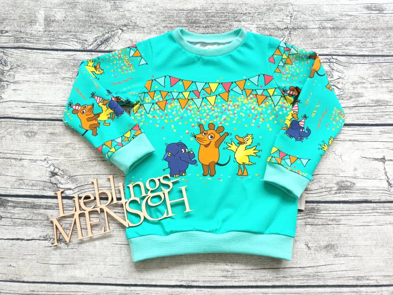 Pullover Partymaus - Die Sendung Mit Der Maus Konfetti Geburtstagspullover Für Mädchen Und Jungs Maus, Elefant & Ente in Mint von Stoffloewe