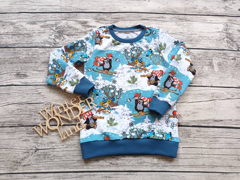 Sweatshirt Pauli Der Kleine Maulwurf Auf Piste - Pullover Für Mädchen Und Jungs Winter Hellblau/Weiss von Stoffloewe