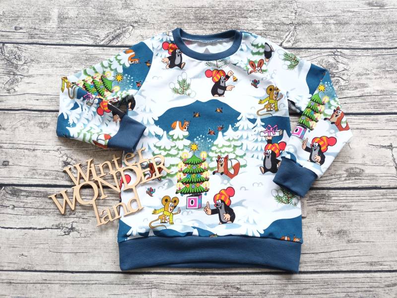 Sweatshirt Pauli Der Kleine Maulwurf Weihnachtszeit - Pullover Für Mädchen Und Jungs Blau/Weiss von Stoffloewe