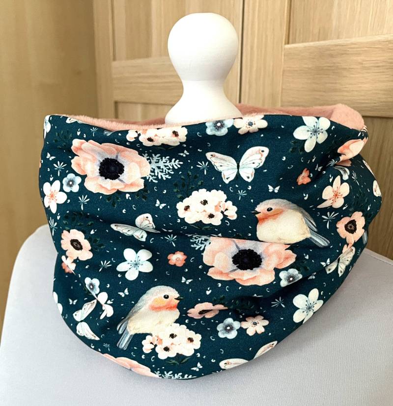 Loopschal - Rotkehlchen Lovebird & Blumen Petrol/Altrosa Kuschelloop Warmer Loop Rundschal Schal Schlauchschal von StoffperleHandmade