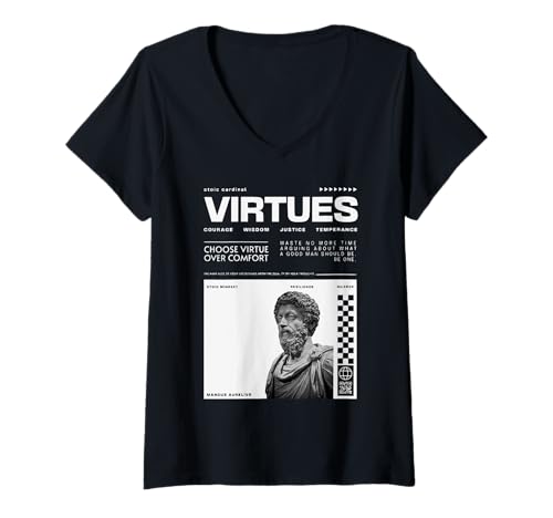 Damen Wählen Sie Virtue Over Comfort Marcus Aurelius Stoic Herren Damen T-Shirt mit V-Ausschnitt Damen Wählen Sie Virtue Over Comfort Marcus Aurelius Stoic Herren Damen T-Shirt mit V-Ausschnitt von Stoic Philosophy Apparel for Virtue Mindset Lovers