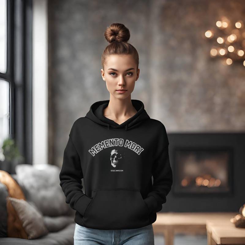 Vintage Memento Mori Hoodie | Unisex College Style Sweatshirt With Stoic Wisdom Retro Skull Design Ethically Made Warm & Cozy von StoicImperium