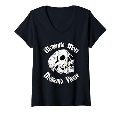 Damen Distressed Tattoo Totenkopf Memento Mori & Memento Vivere Stoic T-Shirt mit V-Ausschnitt Damen Distressed Tattoo Totenkopf Memento Mori & Memento Vivere Stoic T-Shirt mit V-Ausschnitt von Stoics Memento Mori Vivere Distressed Tattoo Skull