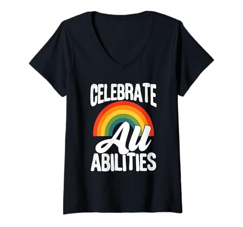 Damen Bewusstsein Für Alle Fähigkeiten Regenbogen T-Shirt mit V-Ausschnitt Damen Bewusstsein Für Alle Fähigkeiten Regenbogen T-Shirt mit V-Ausschnitt von Stolz & Inklusion Bekleidung