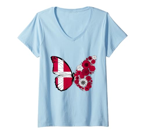 Damen Dänische Herkunft Dänemark Stolz Schmetterling T-Shirt mit V-Ausschnitt Damen Dänische Herkunft Dänemark Stolz Schmetterling T-Shirt mit V-Ausschnitt von Stolze Dänische Wurzeln