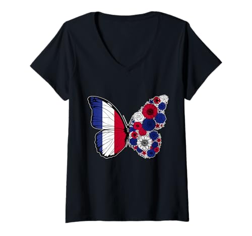 Damen Französische Flagge Frankreich Stolz Schmetterling Herkunft T-Shirt mit V-Ausschnitt Damen Französische Flagge Frankreich Stolz Schmetterling Herkunft T-Shirt mit V-Ausschnitt von Stolze Französische Wurzeln