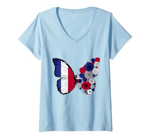 Damen Französische Herkunft Frankreich Wurzeln Stolz Schmetterling T-Shirt mit V-Ausschnitt von Stolze Französische Wurzeln