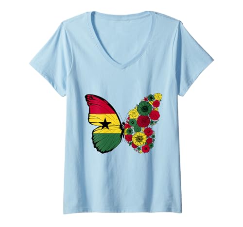Damen Ghanaische Herkunft Flagge Ghana Stolz Schmetterling T-Shirt mit V-Ausschnitt von Stolze Ghanaische Wurzeln
