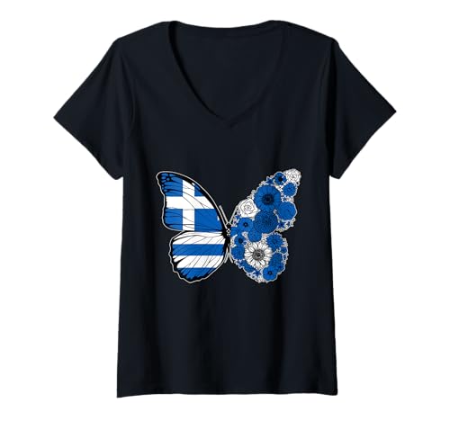 Damen Griechische Frau Griechenland Flagge Schmetterling Herkunft T-Shirt mit V-Ausschnitt Damen Griechische Frau Griechenland Flagge Schmetterling Herkunft T-Shirt mit V-Ausschnitt von Stolze Griechische Wurzeln