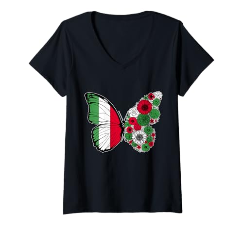 Damen Italienische Frauen Italien Flagge Schmetterling Herkunft T-Shirt mit V-Ausschnitt von Stolze Italienische Wurzeln