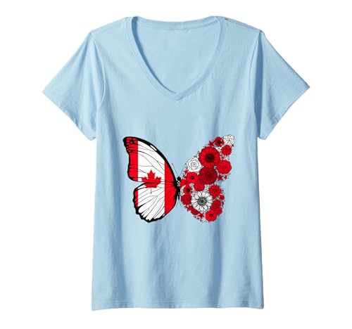 Damen Kanadische Herkunft Kanada Stolz Schmetterling T-Shirt mit V-Ausschnitt von Stolze Kanadische Wurzeln
