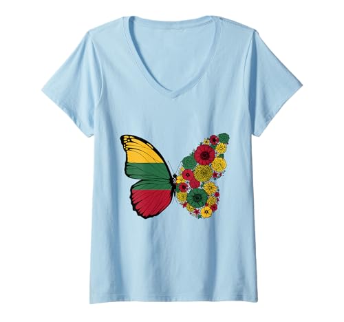 Damen Litauische Flagge Herkunft Litauen Stolz Schmetterling T-Shirt mit V-Ausschnitt von Stolze Litauische Wurzeln