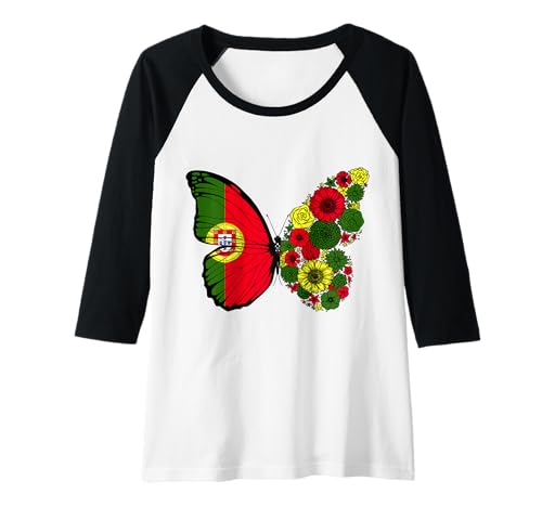 Damen Portugiesische Frauen Portugal Flagge Schmetterling Herkunft Raglan von Stolze Portugiesische Wurzeln