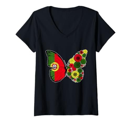 Damen Portugiesische Frauen Portugal Flagge Schmetterling Herkunft T-Shirt mit V-Ausschnitt von Stolze Portugiesische Wurzeln