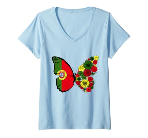 Damen Portugiesische Herkunft Portugal Stolz Schmetterling T-Shirt mit V-Ausschnitt von Stolze Portugiesische Wurzeln