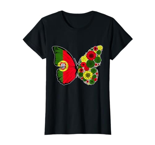 Portugiesische Frauen Portugal Flagge Schmetterling Herkunft T-Shirt von Stolze Portugiesische Wurzeln