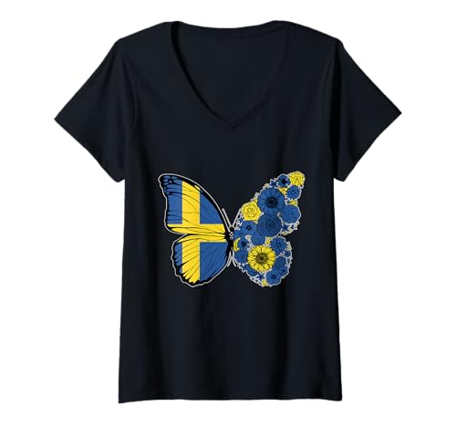 Damen Schwedische Frauen Schweden Flagge Schmetterling Herkunft T-Shirt mit V-Ausschnitt von Stolze Schwedische Wurzeln