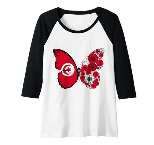 Damen Tunesische Frauen Tunesien Flagge Schmetterling Herkunft Raglan von Stolze Tunesische Wurzeln