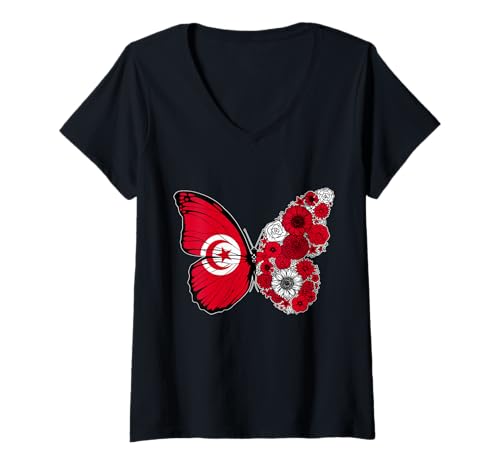 Damen Tunesische Frauen Tunesien Flagge Schmetterling Herkunft T-Shirt mit V-Ausschnitt von Stolze Tunesische Wurzeln